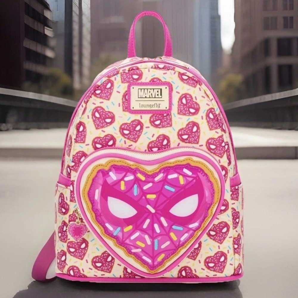 NEW Loungefly x Marvel SPIDERMAN Pink Sprinkles Donut Face Mask Backpack Excl